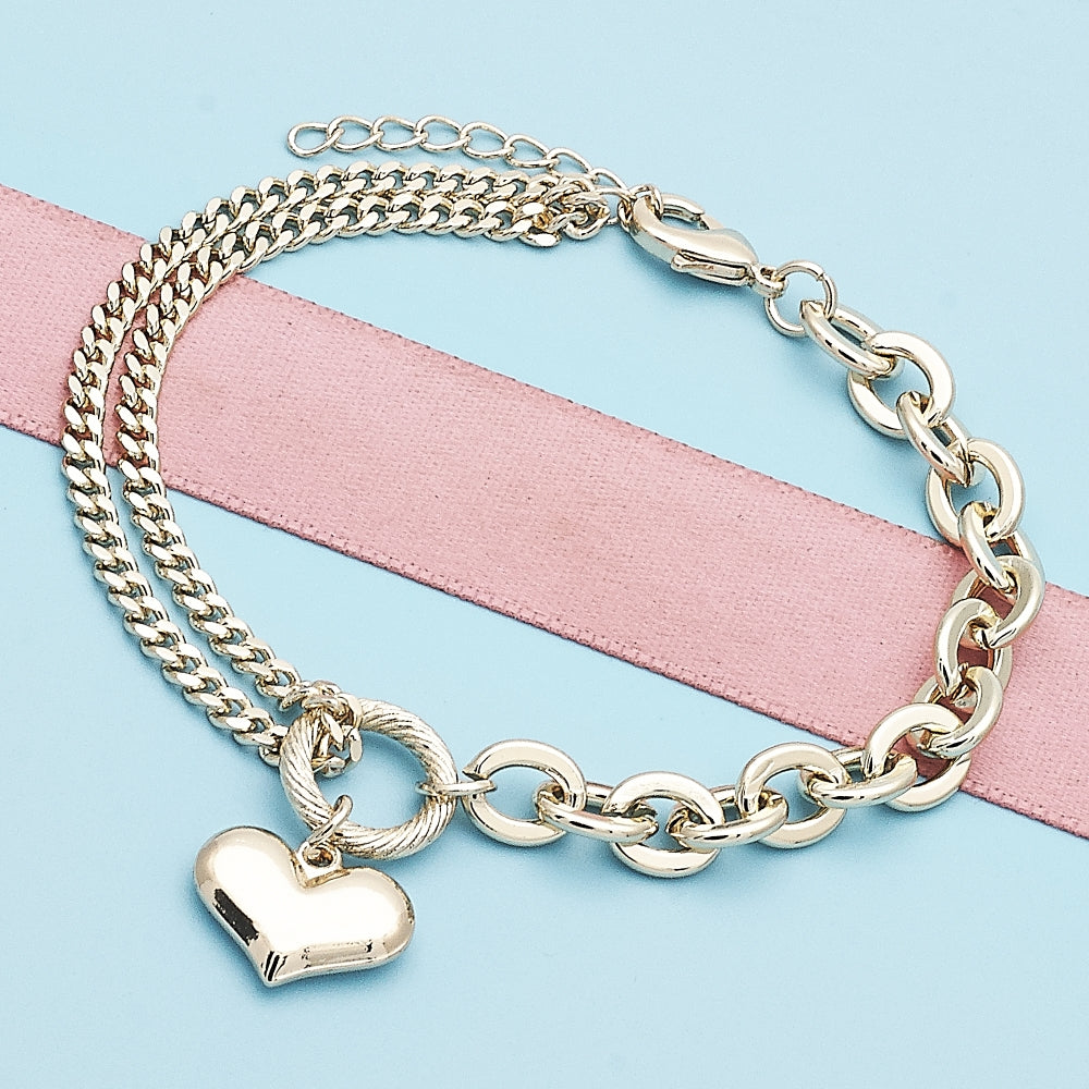Oro Laminado Fancy Bracelet, Gold Filled Style Heart and Rolo Design, Polished, Golden Finish