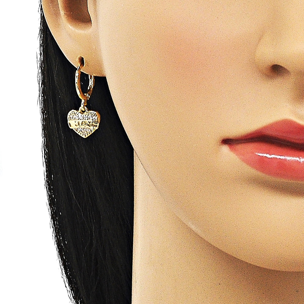 Oro Laminado Dangle Earring, Gold Filled Style Heart Design, with White Micro Pave, Polished, Golden Finish