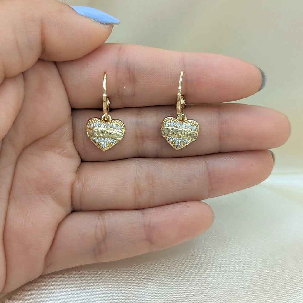 Oro Laminado Dangle Earring, Gold Filled Style Heart Design, with White Micro Pave, Polished, Golden Finish