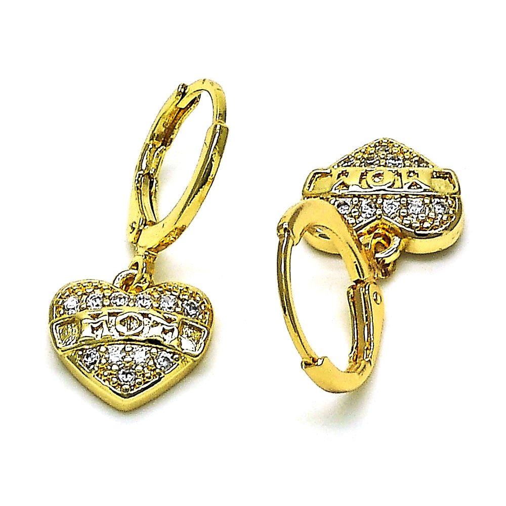 Oro Laminado Dangle Earring, Gold Filled Style Heart Design, with White Micro Pave, Polished, Golden Finish