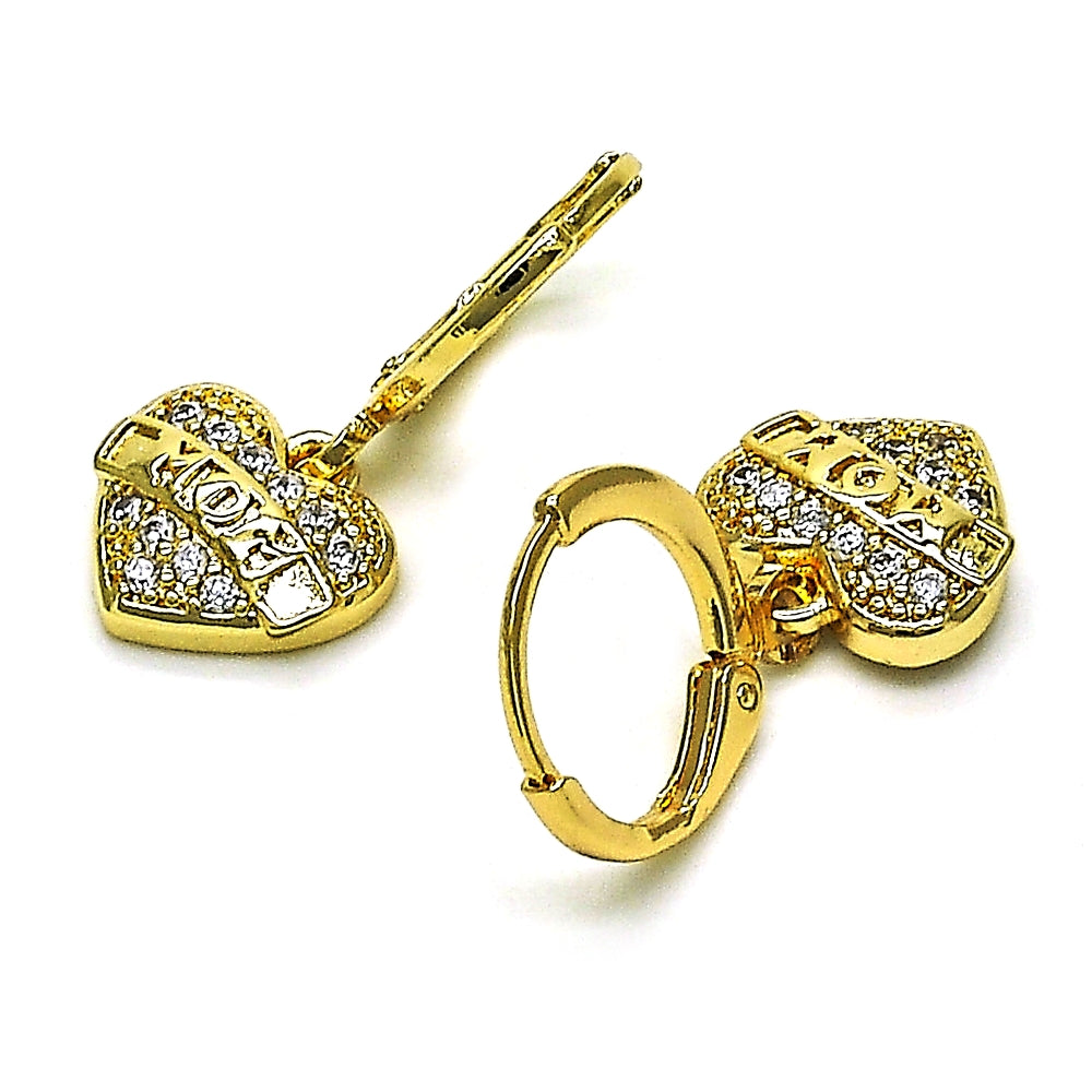 Oro Laminado Dangle Earring, Gold Filled Style Heart Design, with White Micro Pave, Polished, Golden Finish