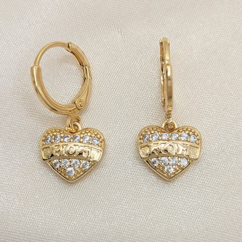 Oro Laminado Dangle Earring, Gold Filled Style Heart Design, with White Micro Pave, Polished, Golden Finish