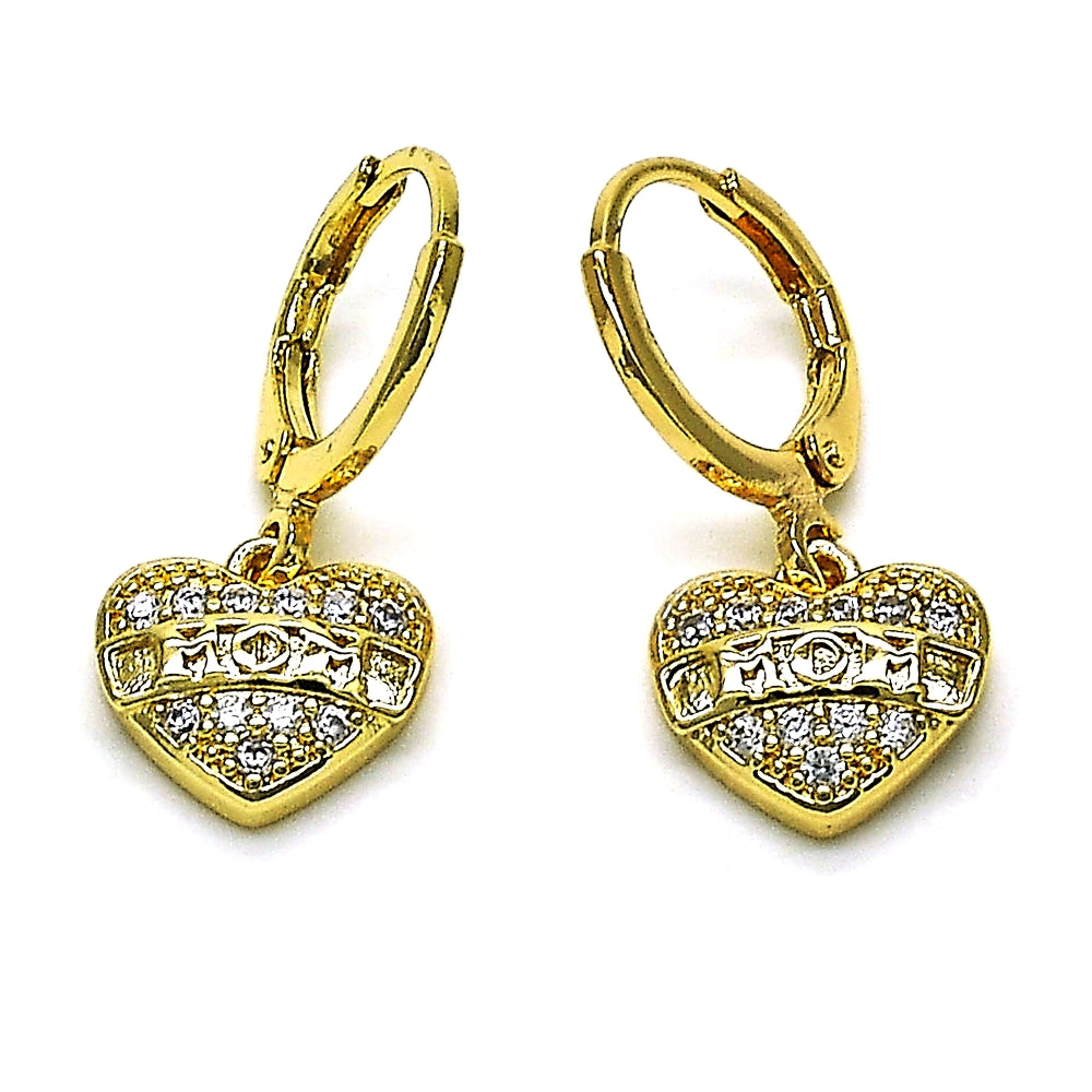 Oro Laminado Dangle Earring, Gold Filled Style Heart Design, with White Micro Pave, Polished, Golden Finish