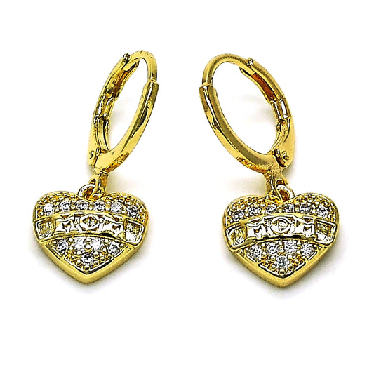 Oro Laminado Dangle Earring, Gold Filled Style Heart Design, with White Micro Pave, Polished, Golden Finish