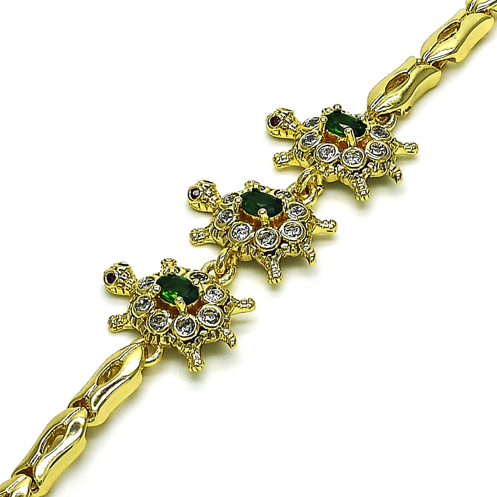Oro Laminado Fancy Bracelet, Gold Filled Style Turtle and Fish Design, with Green and White Cubic Zirconia, Polished, Golden Finish