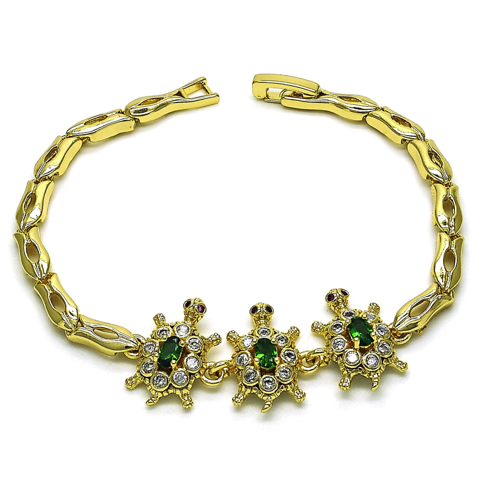 Oro Laminado Fancy Bracelet, Gold Filled Style Turtle and Fish Design, with Green and White Cubic Zirconia, Polished, Golden Finish