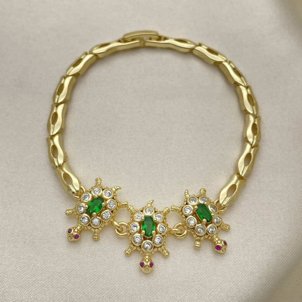 Oro Laminado Fancy Bracelet, Gold Filled Style Turtle and Fish Design, with Green and White Cubic Zirconia, Polished, Golden Finish