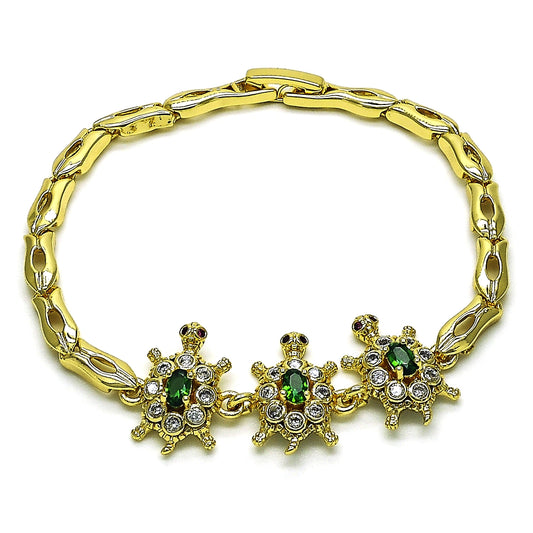Oro Laminado Fancy Bracelet, Gold Filled Style Turtle and Fish Design, with Green and White Cubic Zirconia, Polished, Golden Finish