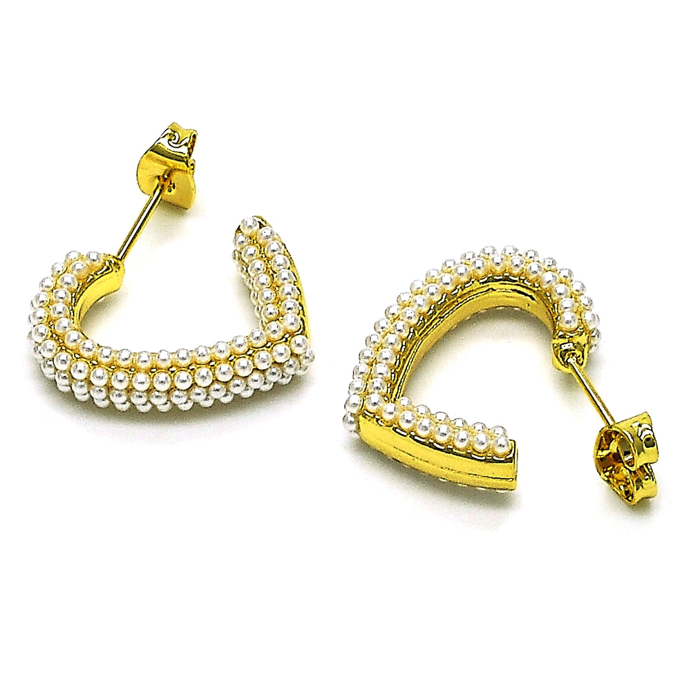Oro Laminado Stud Earring, Gold Filled Style Heart Design, with Ivory Pearl, Polished, Golden Finish
