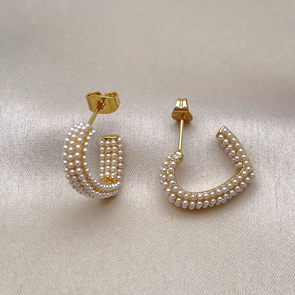 Oro Laminado Stud Earring, Gold Filled Style Heart Design, with Ivory Pearl, Polished, Golden Finish