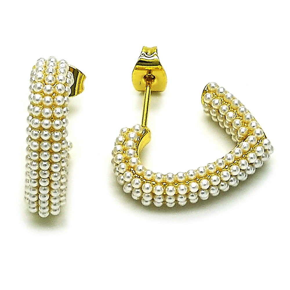 Oro Laminado Stud Earring, Gold Filled Style Heart Design, with Ivory Pearl, Polished, Golden Finish