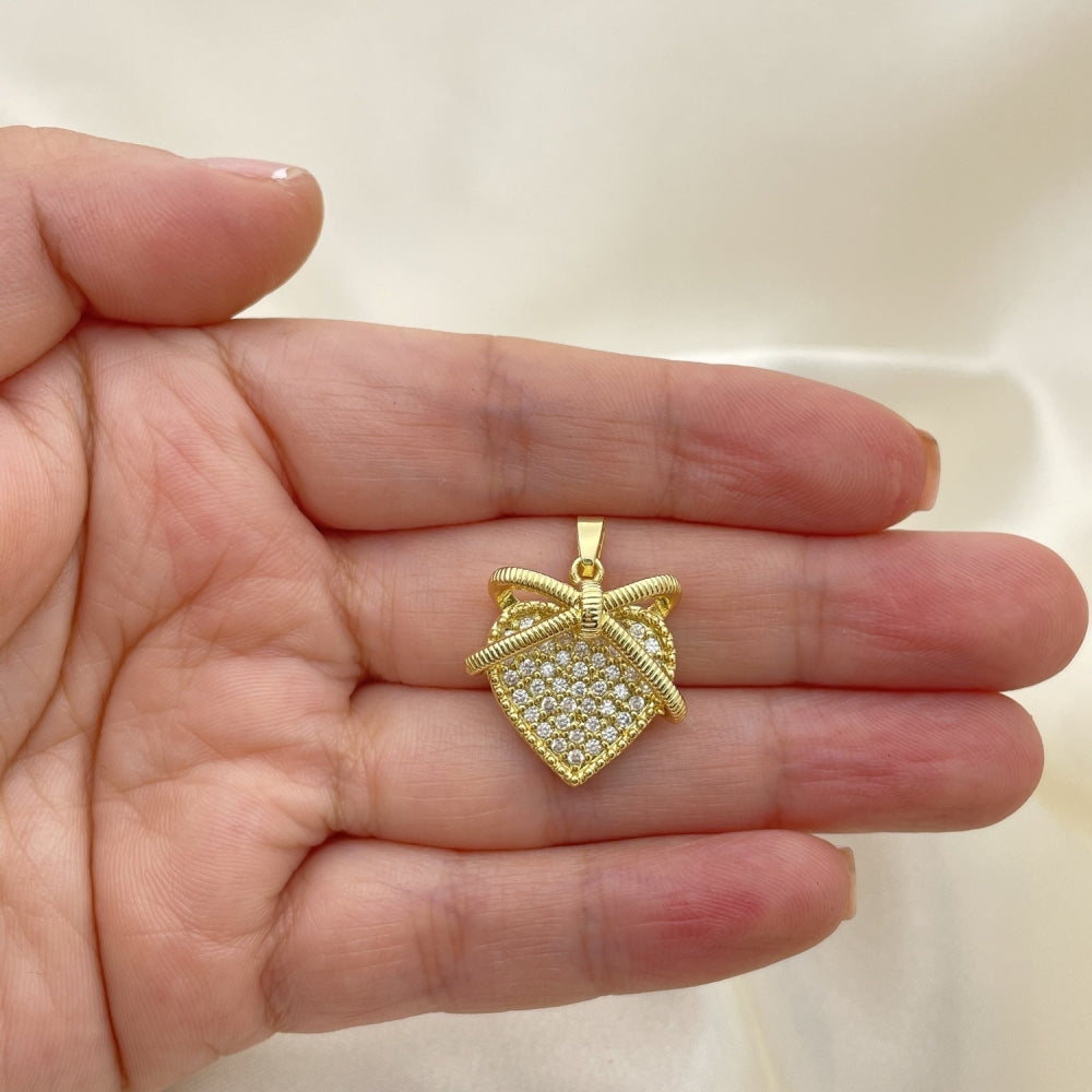 Oro Laminado Fancy Pendant, Gold Filled Style Heart Design, with White Micro Pave, Polished, Golden Finish