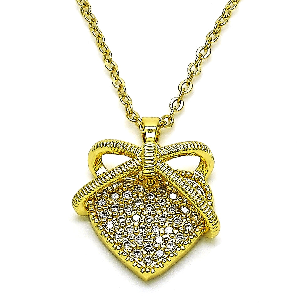 Oro Laminado Fancy Pendant, Gold Filled Style Heart Design, with White Micro Pave, Polished, Golden Finish