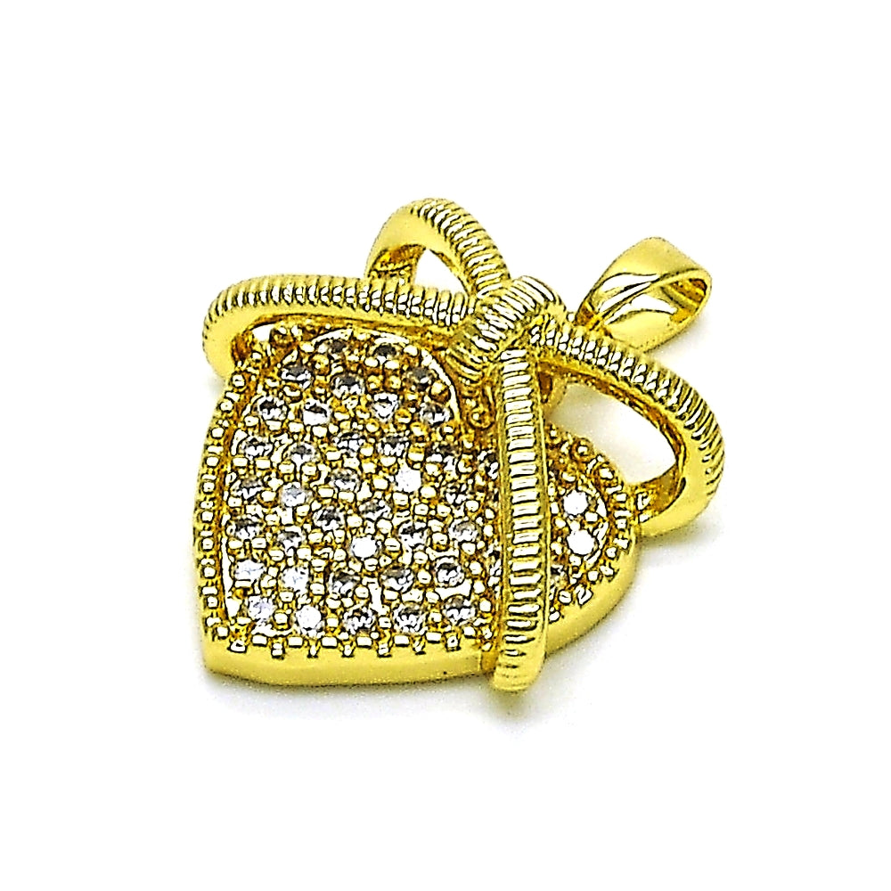 Oro Laminado Fancy Pendant, Gold Filled Style Heart Design, with White Micro Pave, Polished, Golden Finish