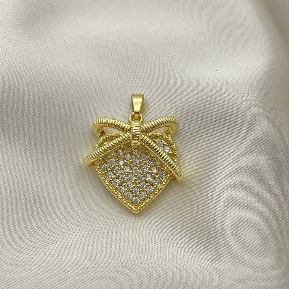 Oro Laminado Fancy Pendant, Gold Filled Style Heart Design, with White Micro Pave, Polished, Golden Finish