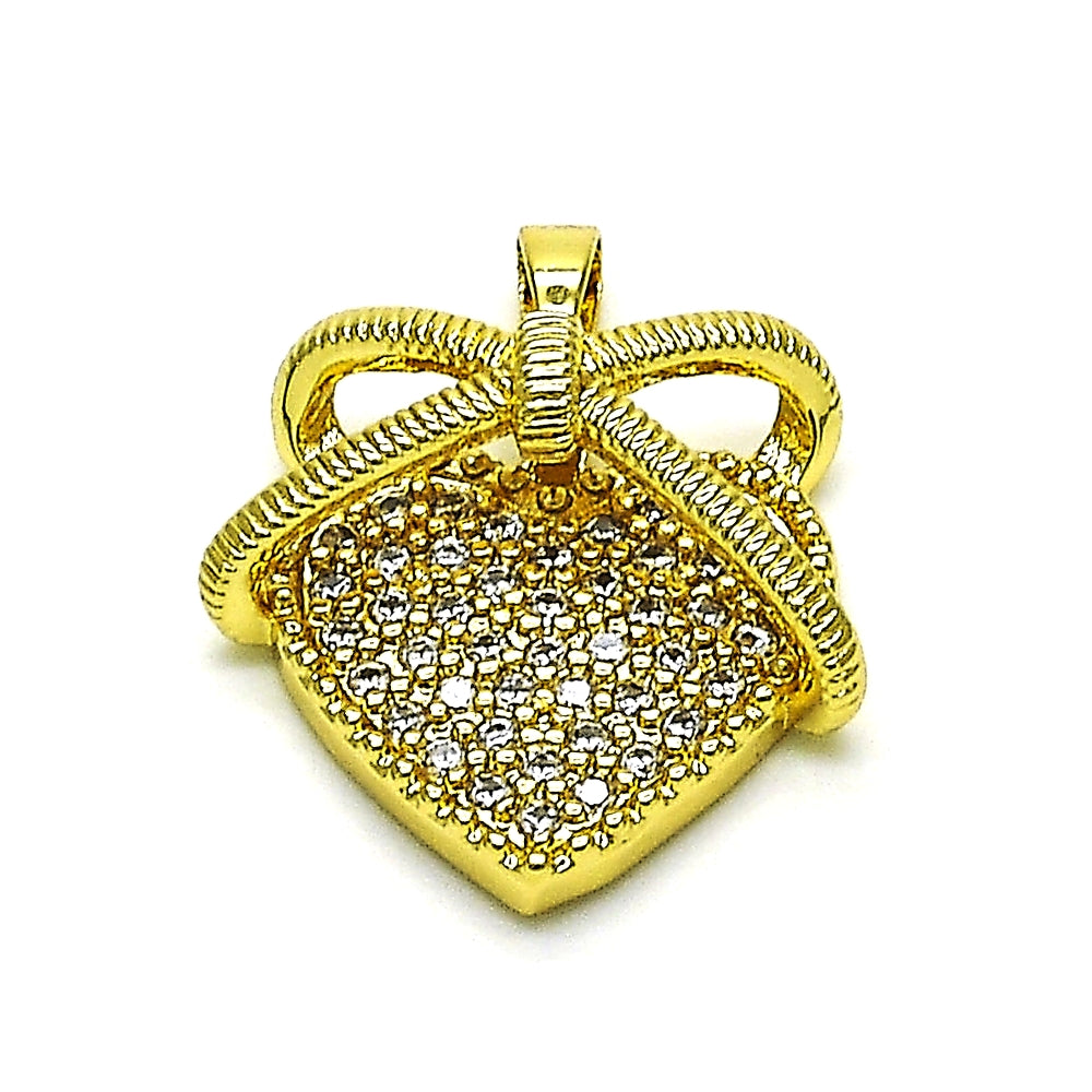 Oro Laminado Fancy Pendant, Gold Filled Style Heart Design, with White Micro Pave, Polished, Golden Finish