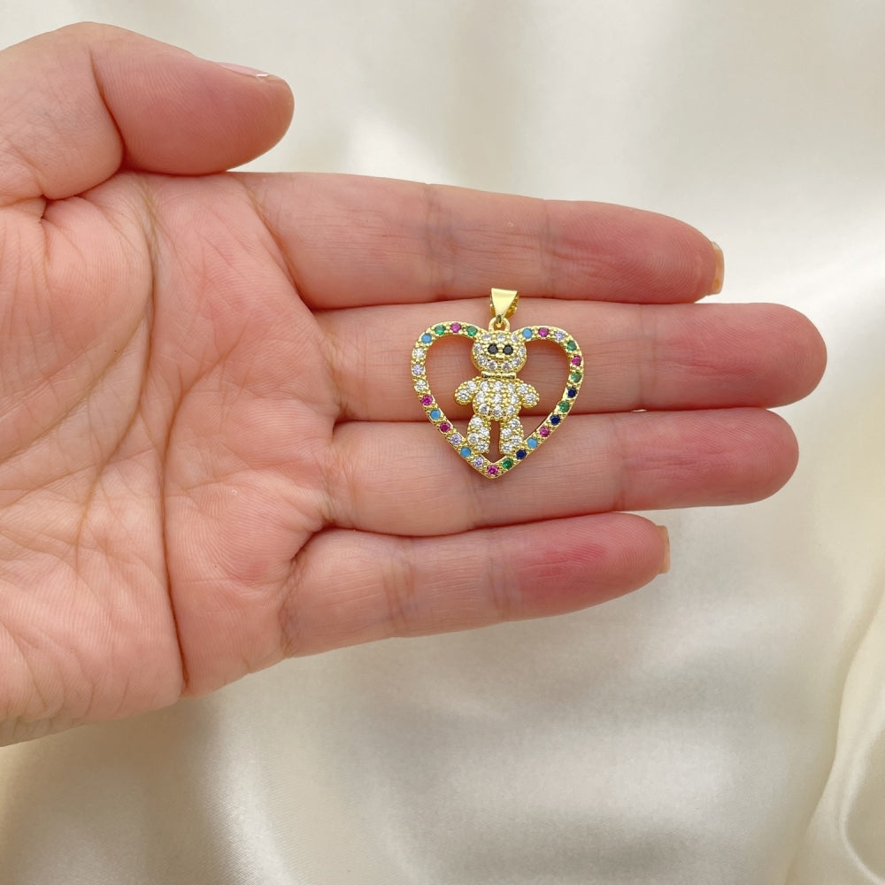 Oro Laminado Fancy Pendant, Gold Filled Style Teddy Bear and Heart Design, with Multicolor Cubic Zirconia, Polished, Golden Finish