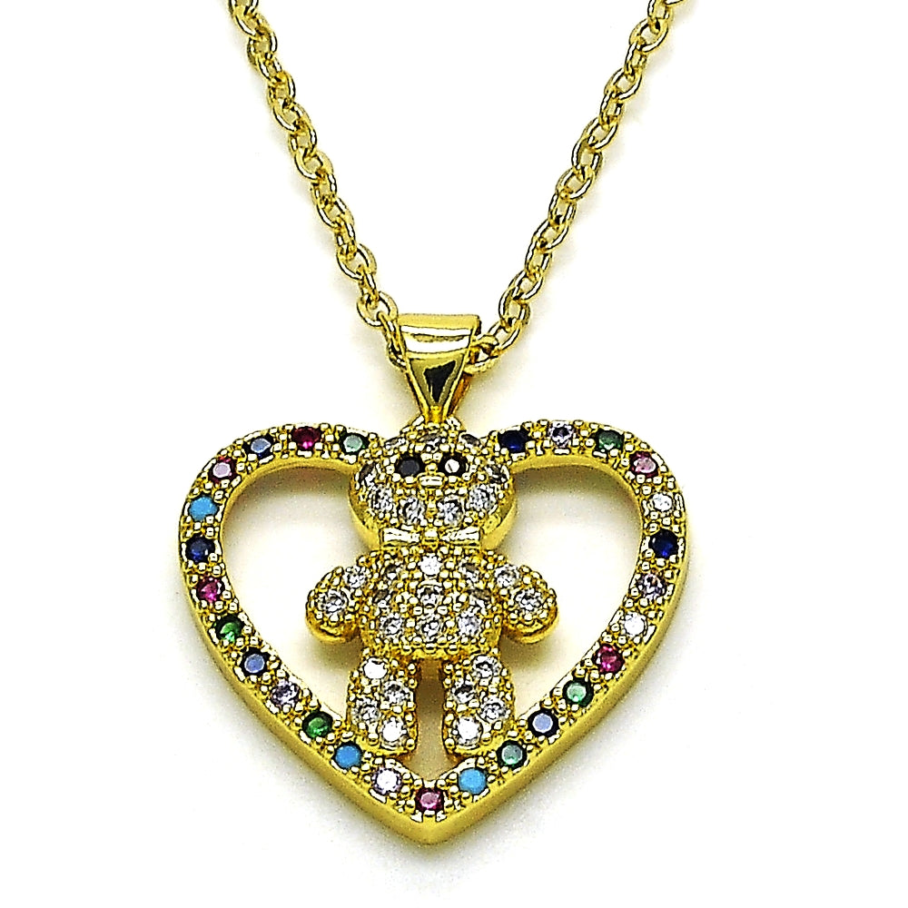 Oro Laminado Fancy Pendant, Gold Filled Style Teddy Bear and Heart Design, with Multicolor Cubic Zirconia, Polished, Golden Finish