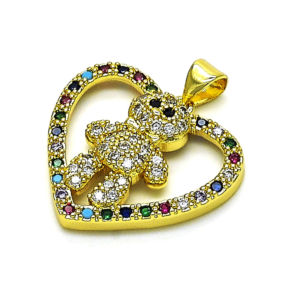 Oro Laminado Fancy Pendant, Gold Filled Style Teddy Bear and Heart Design, with Multicolor Cubic Zirconia, Polished, Golden Finish