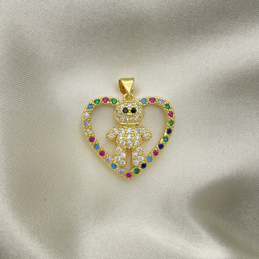 Oro Laminado Fancy Pendant, Gold Filled Style Teddy Bear and Heart Design, with Multicolor Cubic Zirconia, Polished, Golden Finish