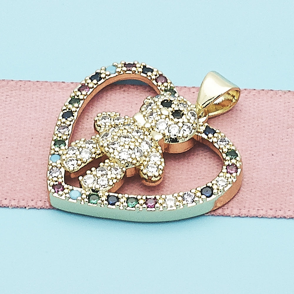 Oro Laminado Fancy Pendant, Gold Filled Style Teddy Bear and Heart Design, with Multicolor Cubic Zirconia, Polished, Golden Finish