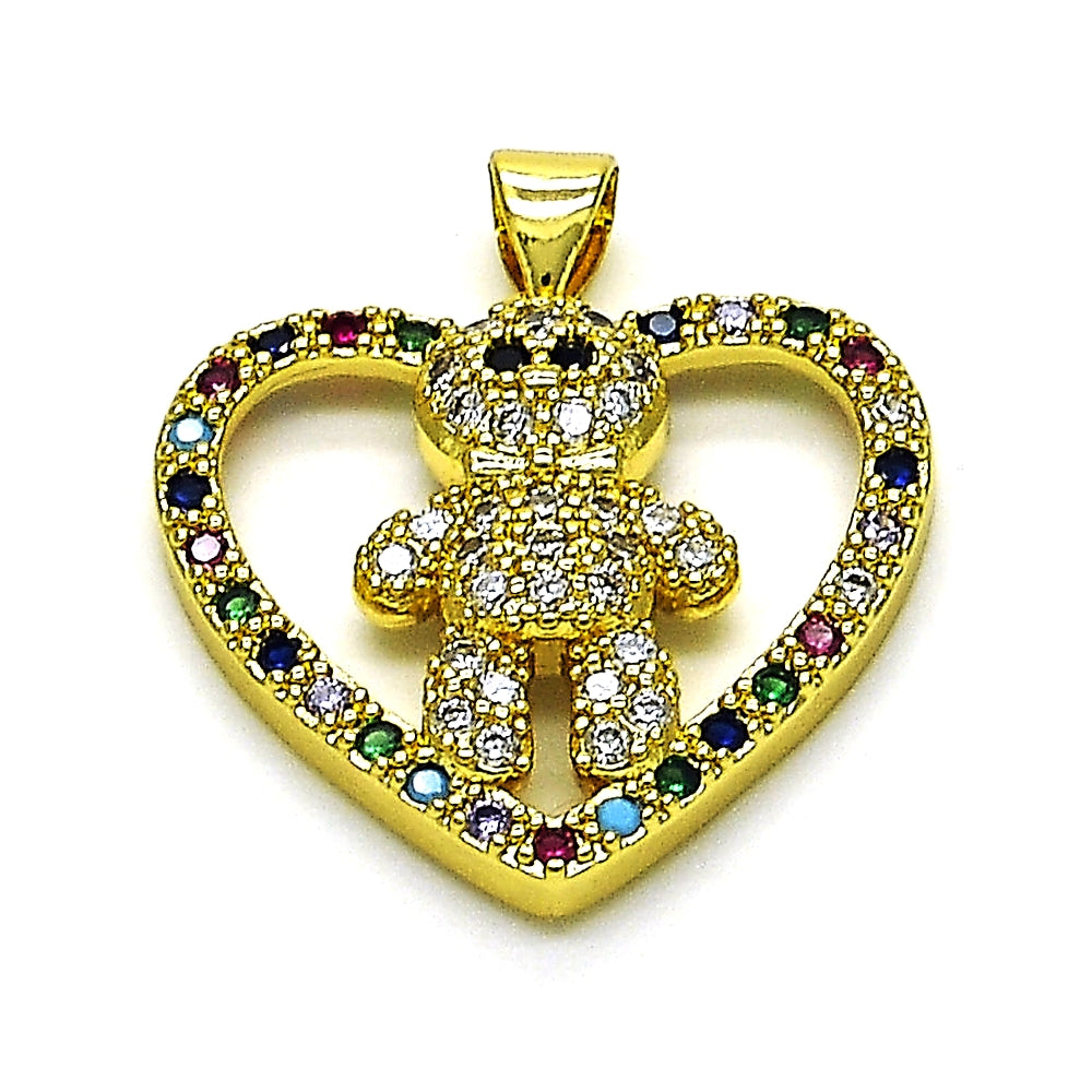 Oro Laminado Fancy Pendant, Gold Filled Style Teddy Bear and Heart Design, with Multicolor Cubic Zirconia, Polished, Golden Finish