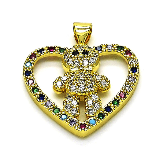 Oro Laminado Fancy Pendant, Gold Filled Style Teddy Bear and Heart Design, with Multicolor Cubic Zirconia, Polished, Golden Finish