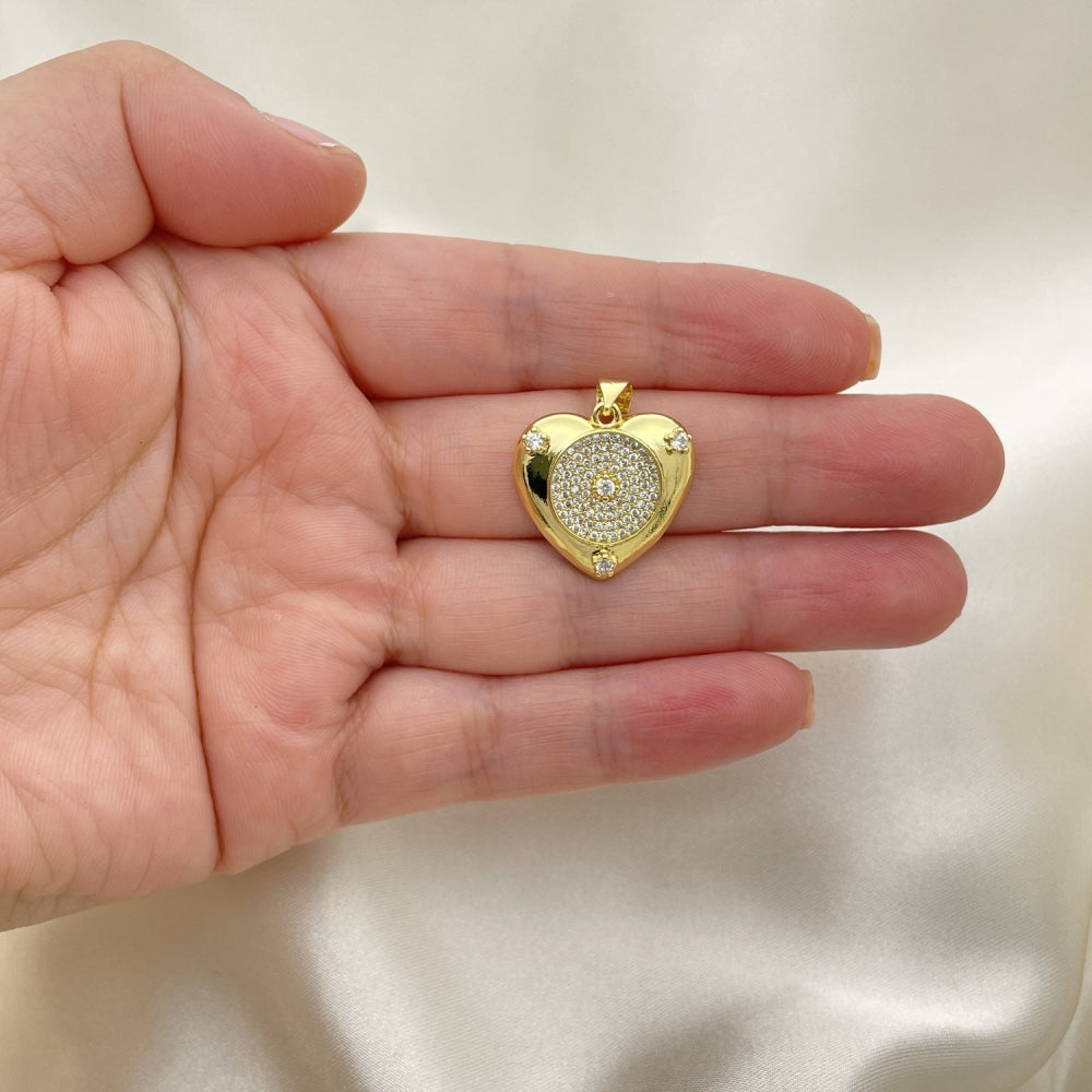 Oro Laminado Fancy Pendant, Gold Filled Style Heart Design, with White Micro Pave and White Cubic Zirconia, Polished, Golden Finish