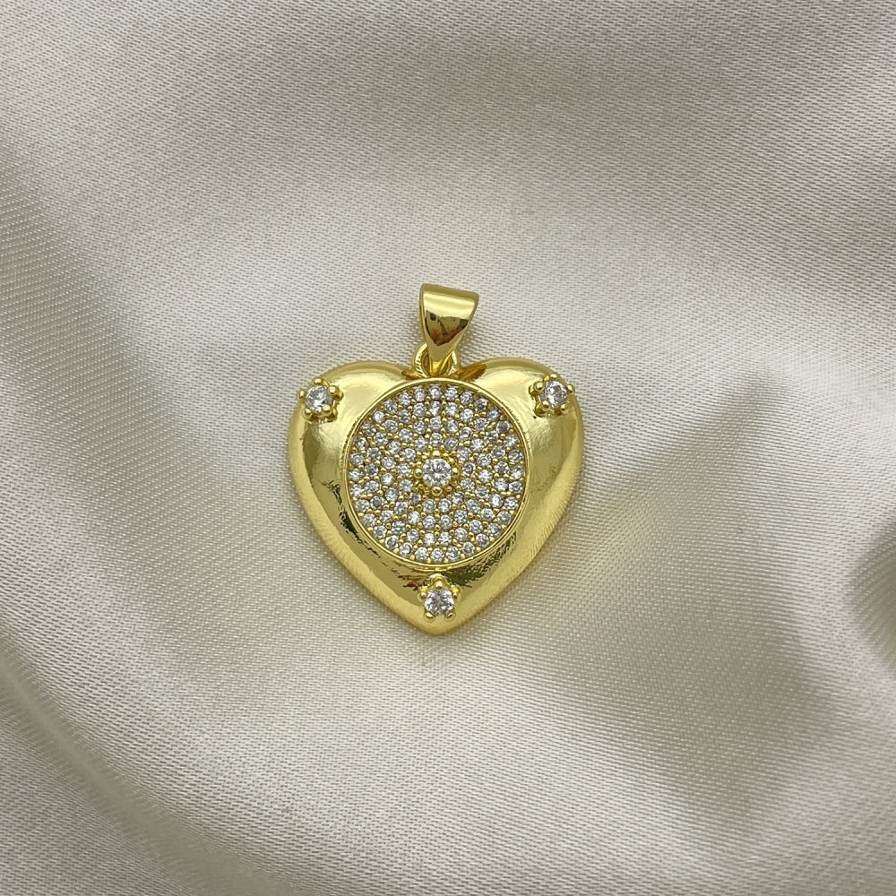 Oro Laminado Fancy Pendant, Gold Filled Style Heart Design, with White Micro Pave and White Cubic Zirconia, Polished, Golden Finish
