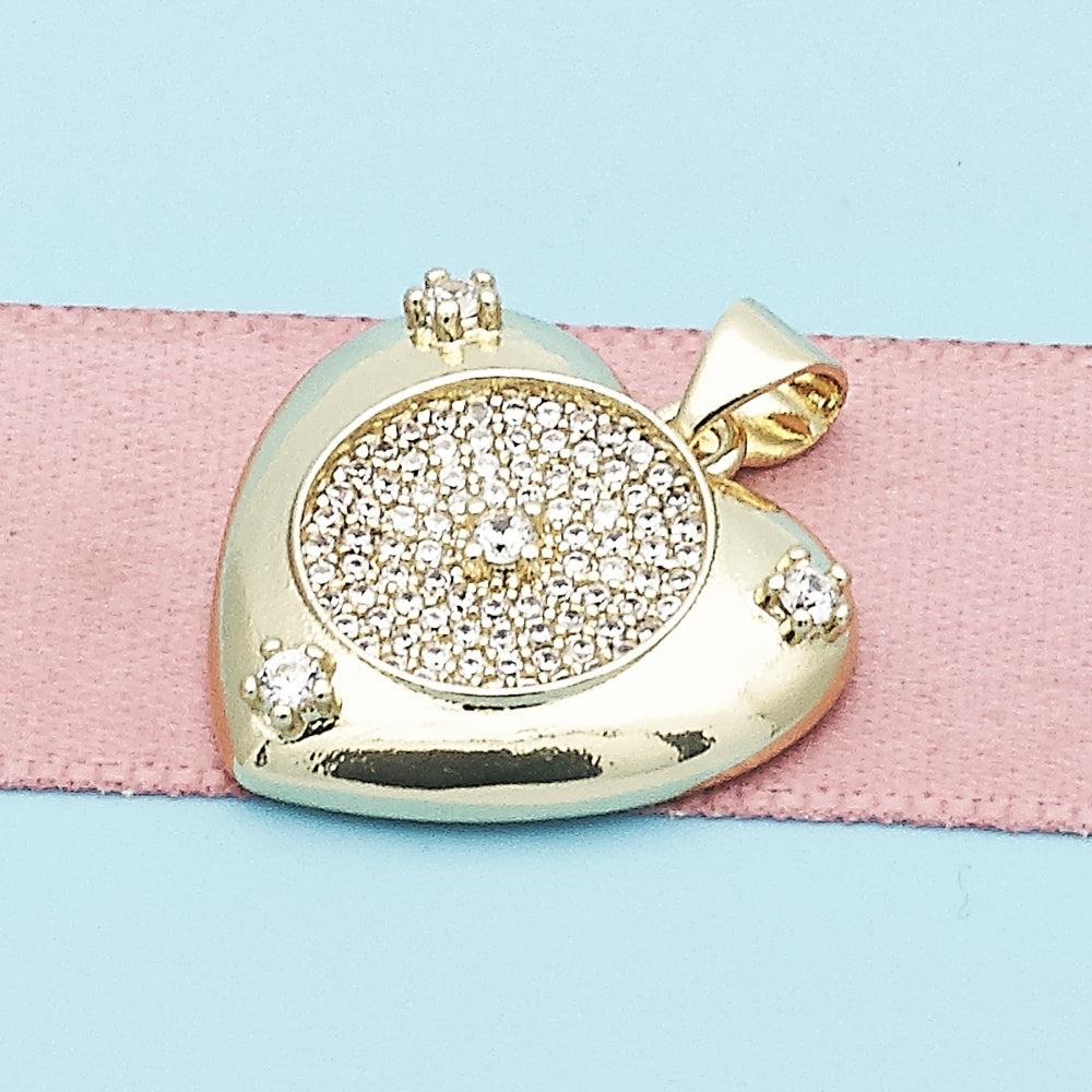 Oro Laminado Fancy Pendant, Gold Filled Style Heart Design, with White Micro Pave and White Cubic Zirconia, Polished, Golden Finish