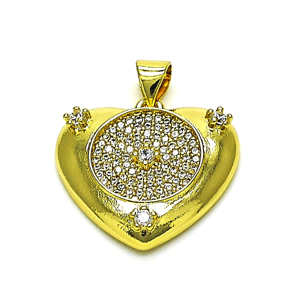 Oro Laminado Fancy Pendant, Gold Filled Style Heart Design, with White Micro Pave and White Cubic Zirconia, Polished, Golden Finish
