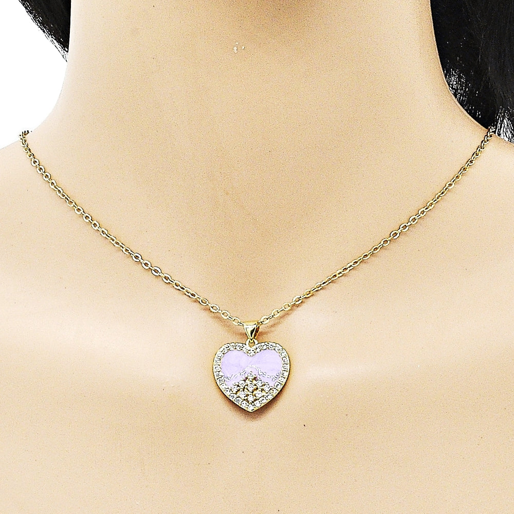 Oro Laminado Fancy Pendant, Gold Filled Style Heart Design, with White Cubic Zirconia, Purple Enamel Finish, Golden Finish