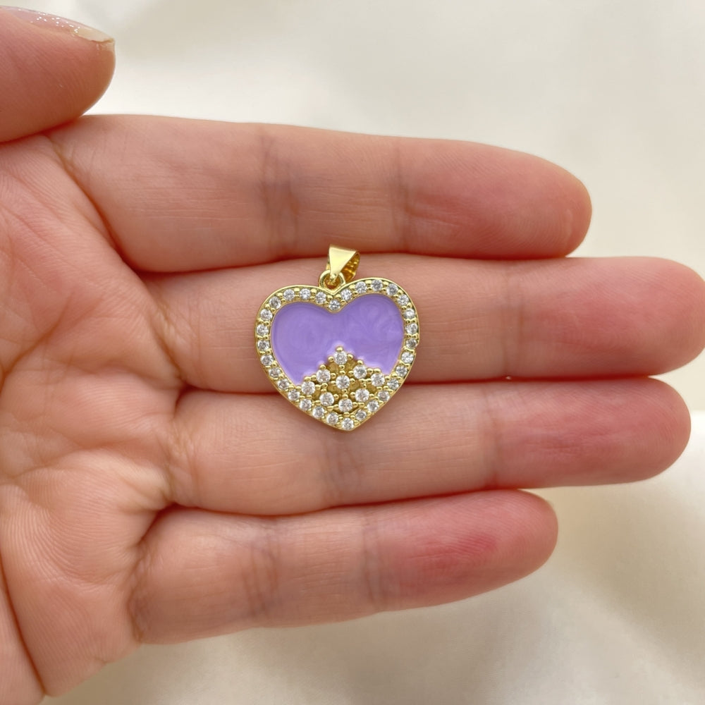 Oro Laminado Fancy Pendant, Gold Filled Style Heart Design, with White Cubic Zirconia, Purple Enamel Finish, Golden Finish