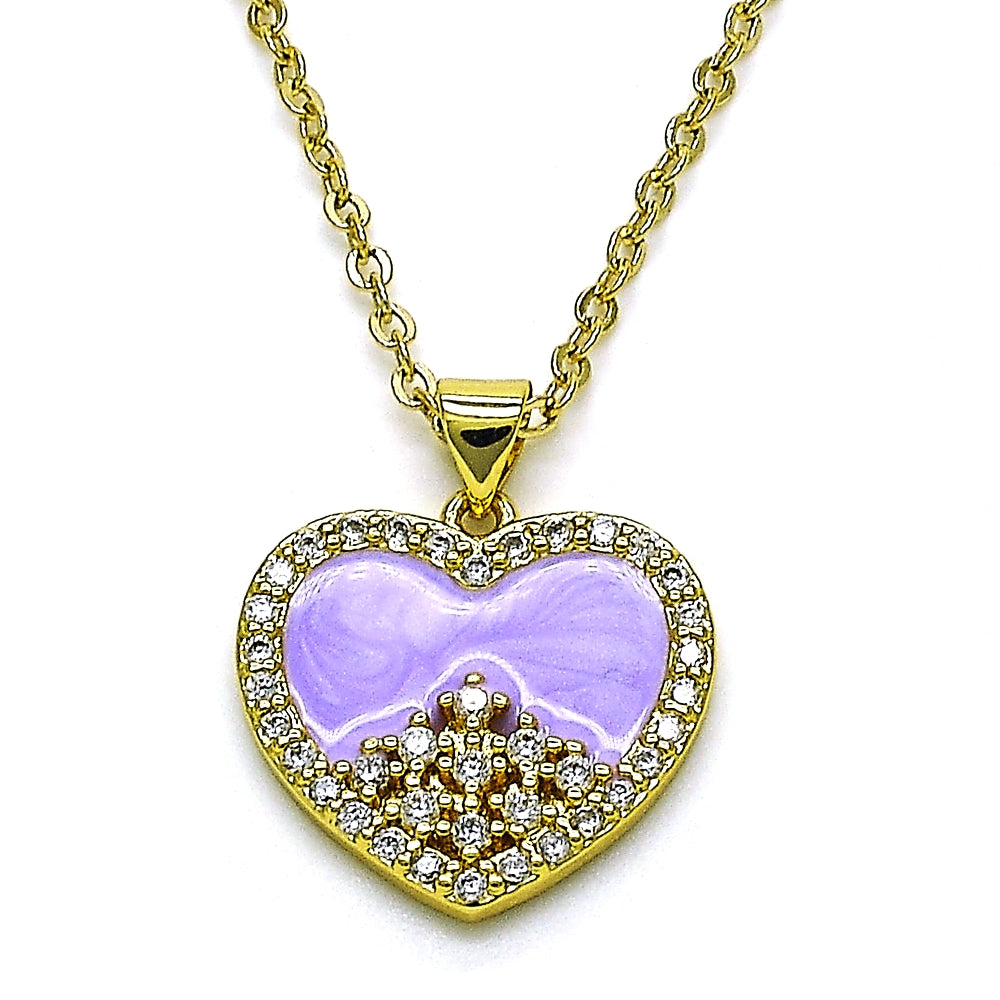 Oro Laminado Fancy Pendant, Gold Filled Style Heart Design, with White Cubic Zirconia, Purple Enamel Finish, Golden Finish