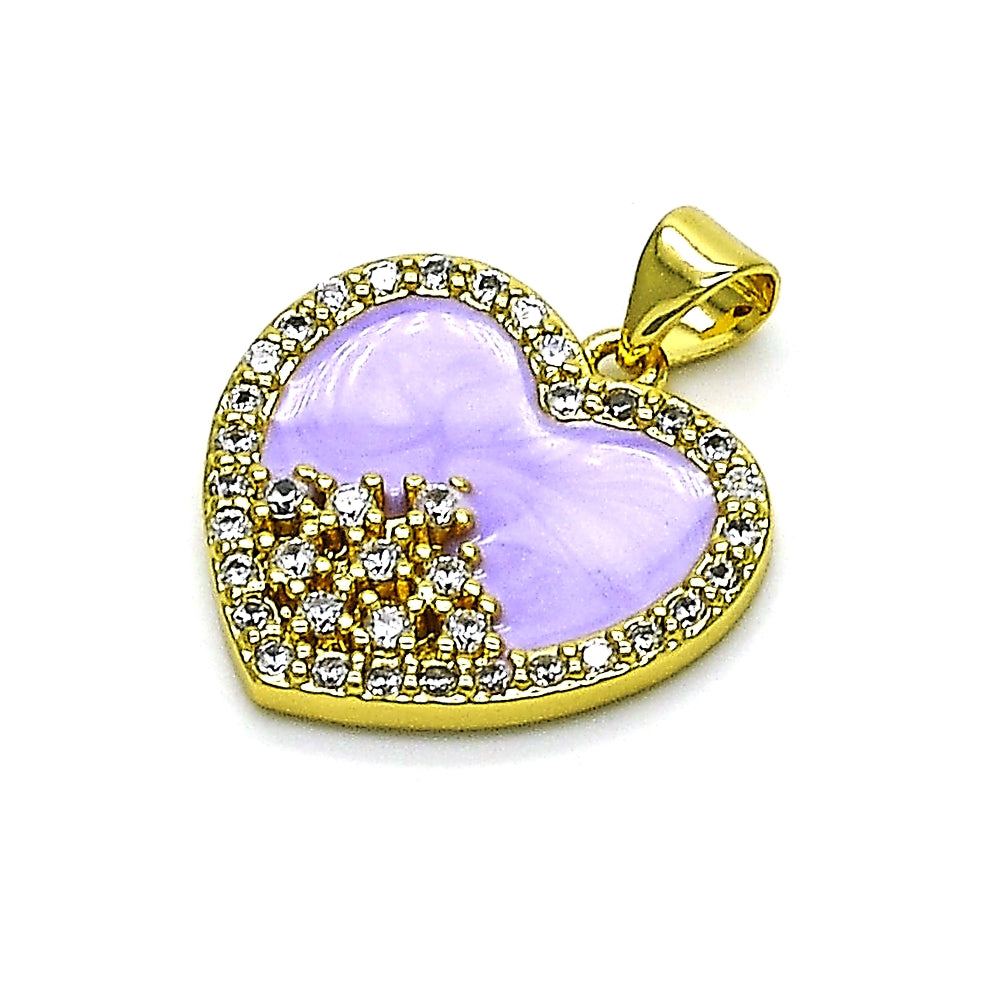 Oro Laminado Fancy Pendant, Gold Filled Style Heart Design, with White Cubic Zirconia, Purple Enamel Finish, Golden Finish