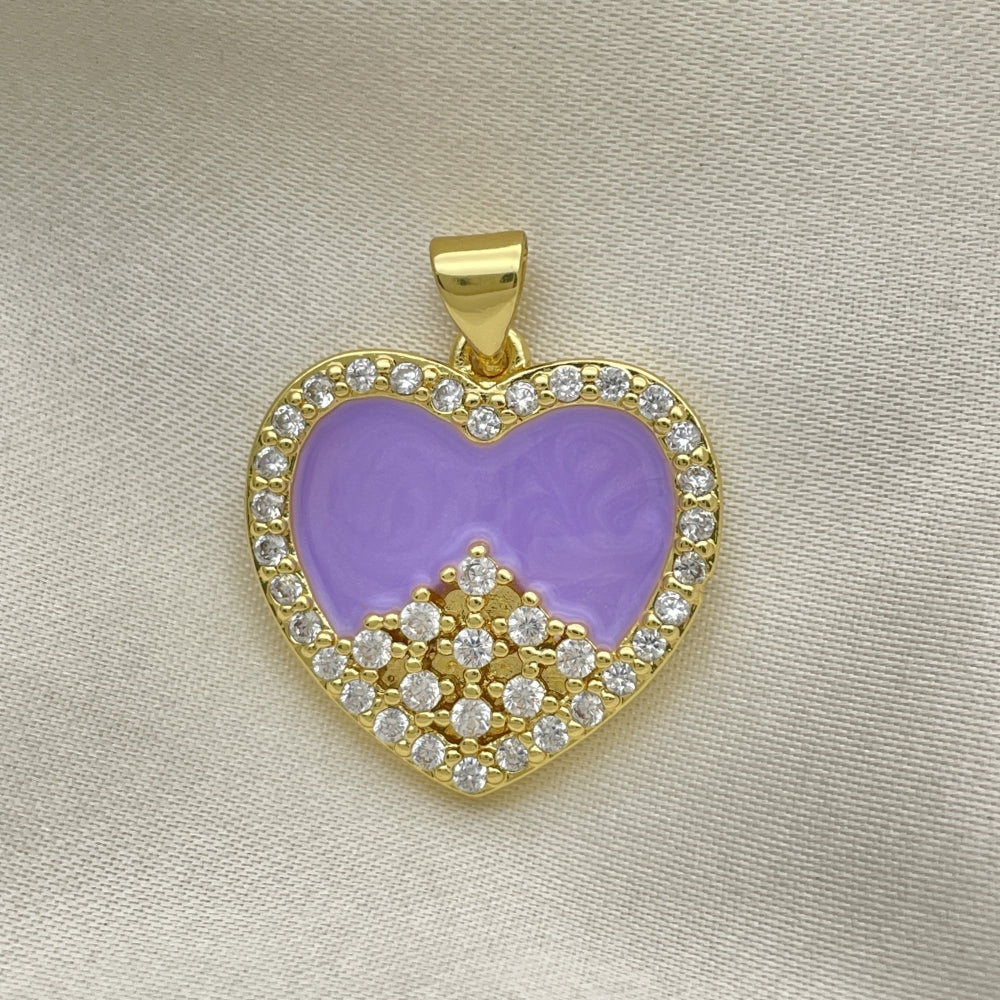Oro Laminado Fancy Pendant, Gold Filled Style Heart Design, with White Cubic Zirconia, Purple Enamel Finish, Golden Finish