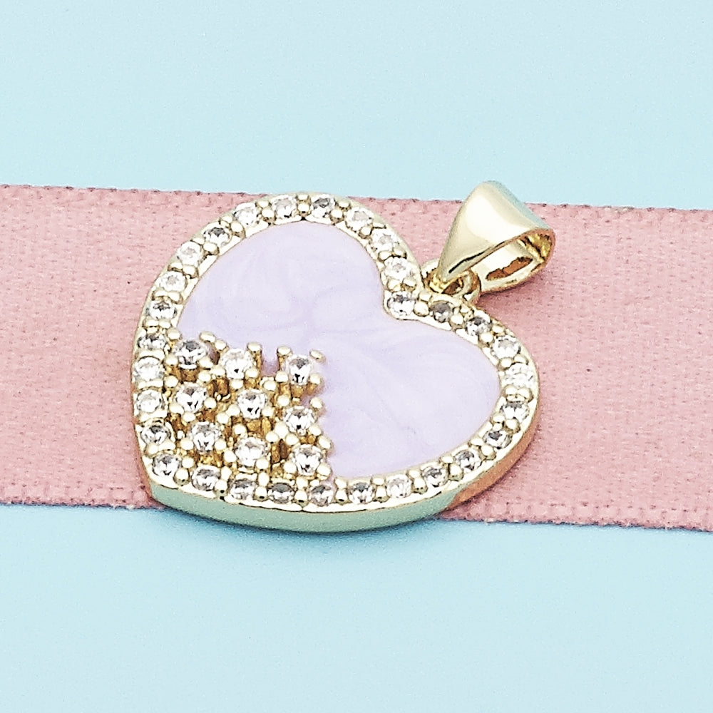Oro Laminado Fancy Pendant, Gold Filled Style Heart Design, with White Cubic Zirconia, Purple Enamel Finish, Golden Finish
