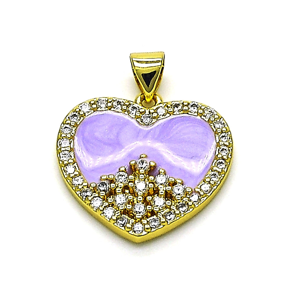 Oro Laminado Fancy Pendant, Gold Filled Style Heart Design, with White Cubic Zirconia, Purple Enamel Finish, Golden Finish