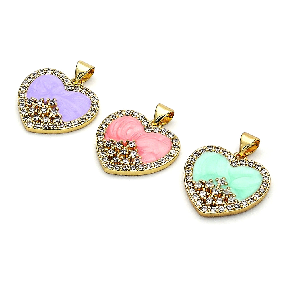 Oro Laminado Fancy Pendant, Gold Filled Style Heart Design, with White Cubic Zirconia, Purple Enamel Finish, Golden Finish