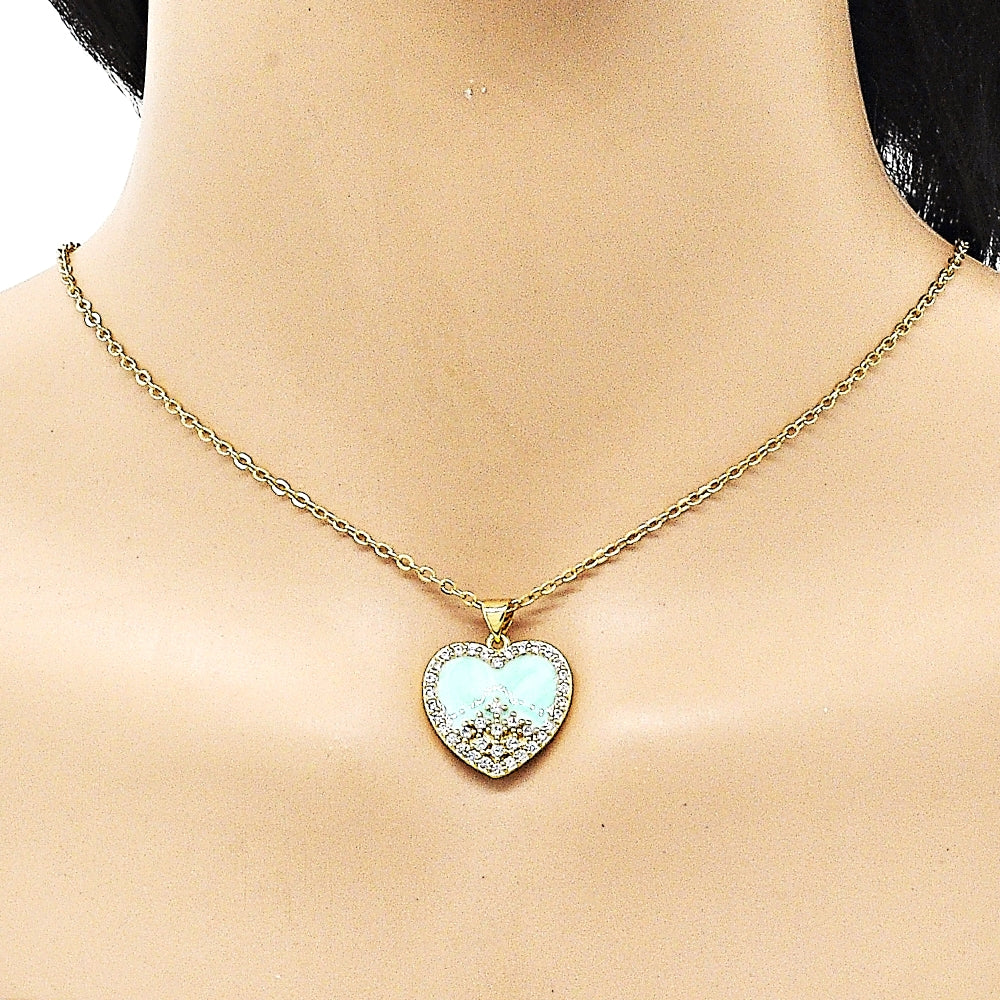 Oro Laminado Fancy Pendant, Gold Filled Style Heart Design, with White Cubic Zirconia, Turquoise Enamel Finish, Golden Finish