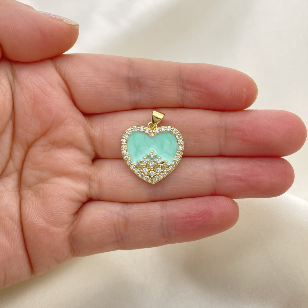 Oro Laminado Fancy Pendant, Gold Filled Style Heart Design, with White Cubic Zirconia, Turquoise Enamel Finish, Golden Finish