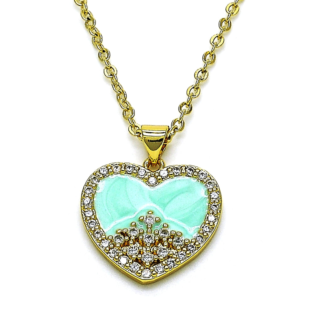 Oro Laminado Fancy Pendant, Gold Filled Style Heart Design, with White Cubic Zirconia, Turquoise Enamel Finish, Golden Finish