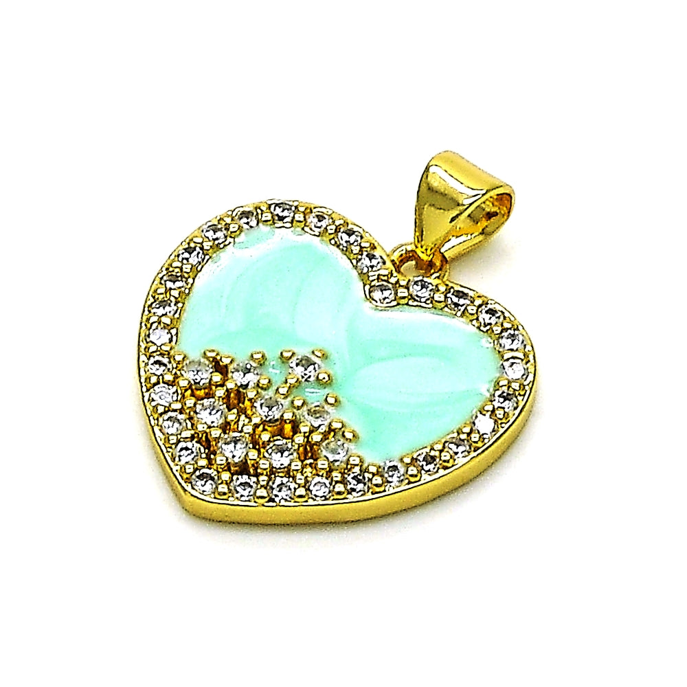 Oro Laminado Fancy Pendant, Gold Filled Style Heart Design, with White Cubic Zirconia, Turquoise Enamel Finish, Golden Finish