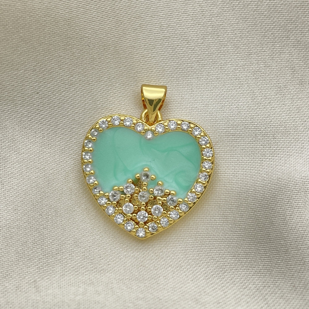 Oro Laminado Fancy Pendant, Gold Filled Style Heart Design, with White Cubic Zirconia, Turquoise Enamel Finish, Golden Finish