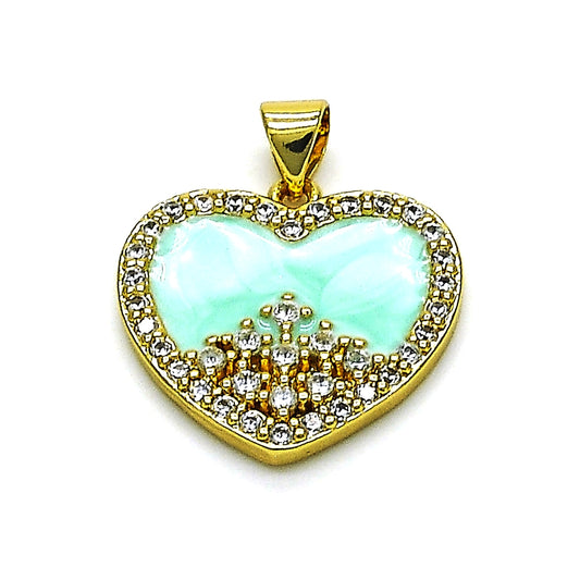 Oro Laminado Fancy Pendant, Gold Filled Style Heart Design, with White Cubic Zirconia, Turquoise Enamel Finish, Golden Finish
