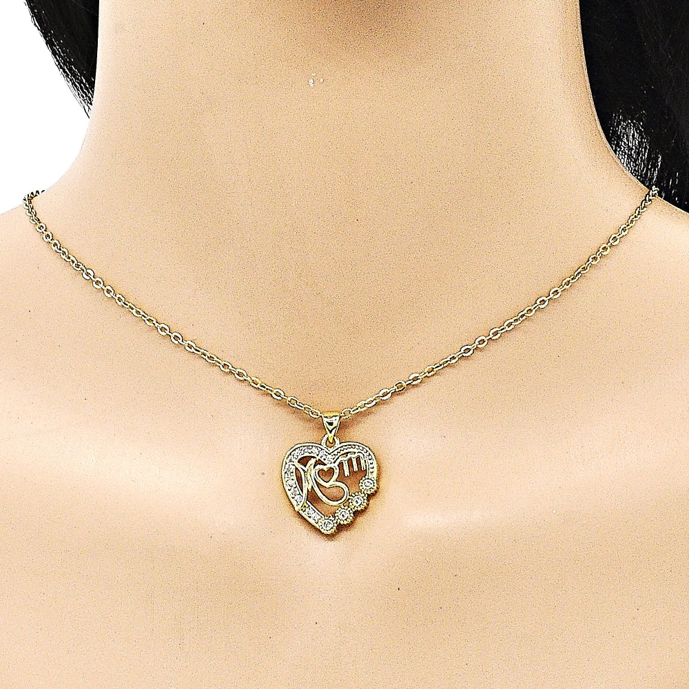 Oro Laminado Fancy Pendant, Gold Filled Style Heart and Mom Design, with White Cubic Zirconia, Polished, Golden Finish