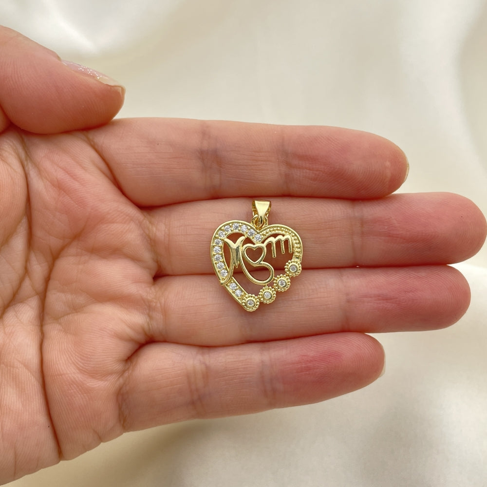 Oro Laminado Fancy Pendant, Gold Filled Style Heart and Mom Design, with White Cubic Zirconia, Polished, Golden Finish