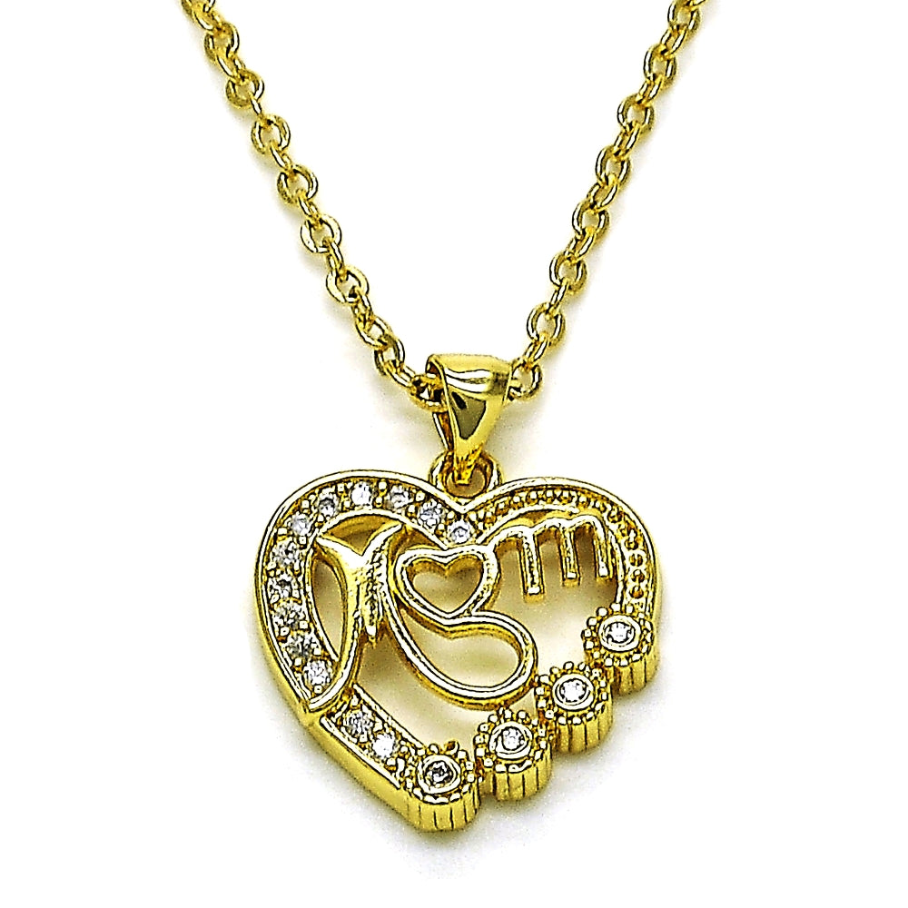Oro Laminado Fancy Pendant, Gold Filled Style Heart and Mom Design, with White Cubic Zirconia, Polished, Golden Finish