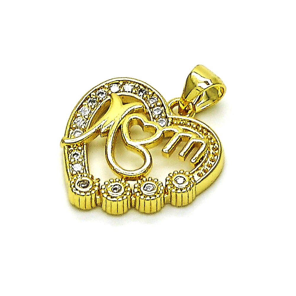 Oro Laminado Fancy Pendant, Gold Filled Style Heart and Mom Design, with White Cubic Zirconia, Polished, Golden Finish