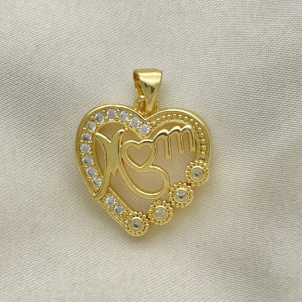 Oro Laminado Fancy Pendant, Gold Filled Style Heart and Mom Design, with White Cubic Zirconia, Polished, Golden Finish
